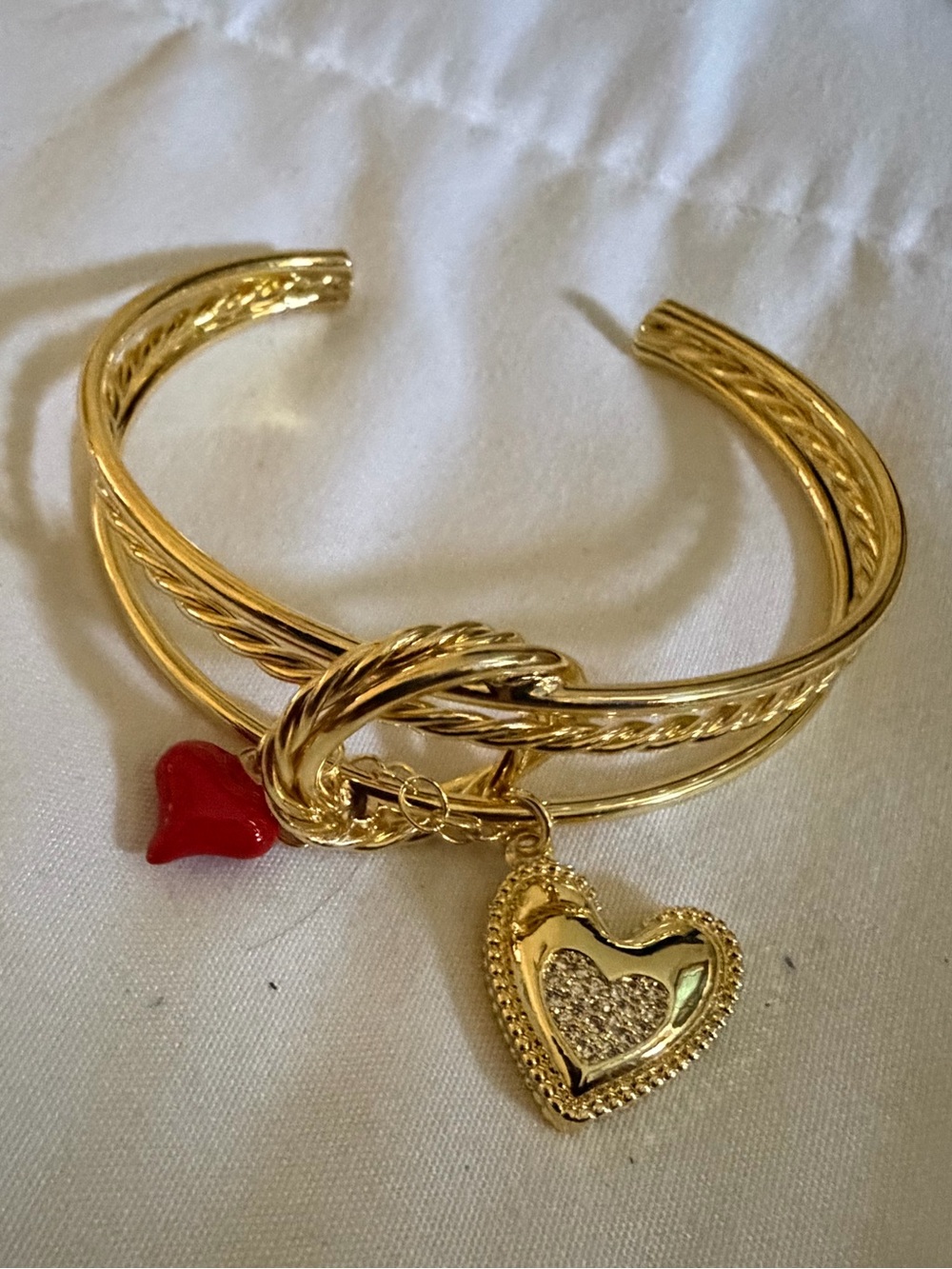 Gold-Tone Heart Charm Cuff Bracelet with Red Accent